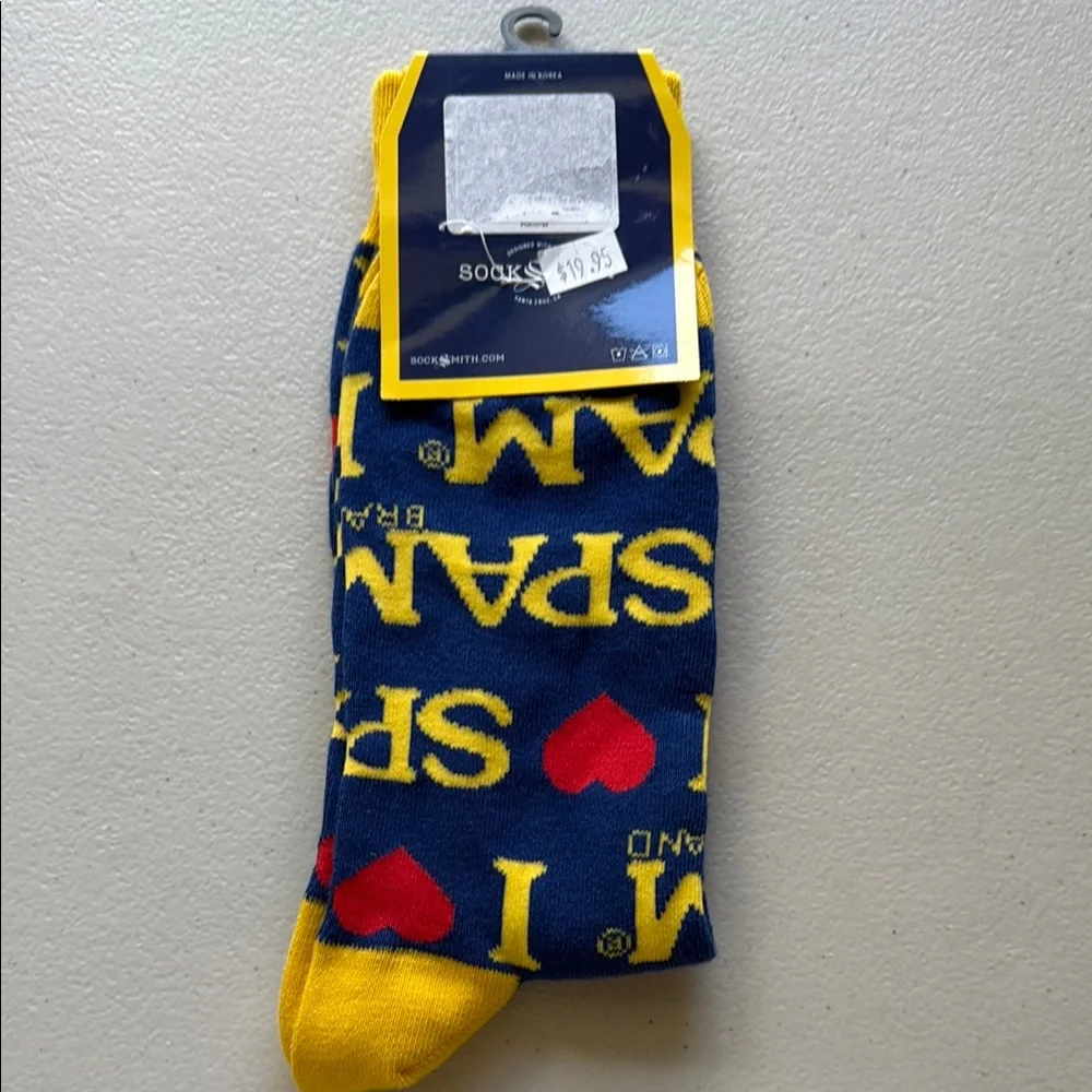 SPAM Branded Navy & Yellow Crew Socks with Red Heart Accent One Size